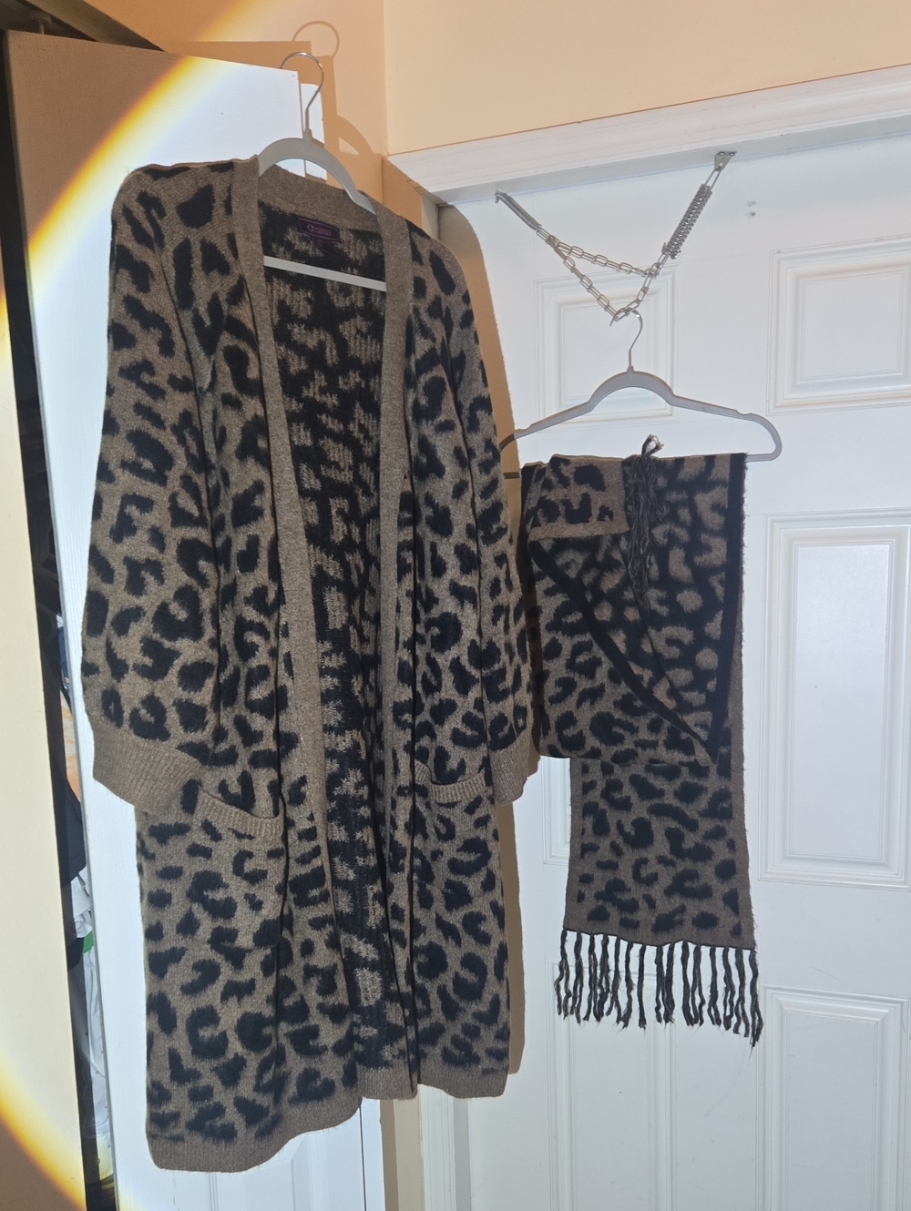 Christian Siriano Leopard Print Open-Front Cardigan with Scarf NWOT